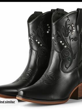 Black Women's Embroidered Western Boots with Crystal Accents